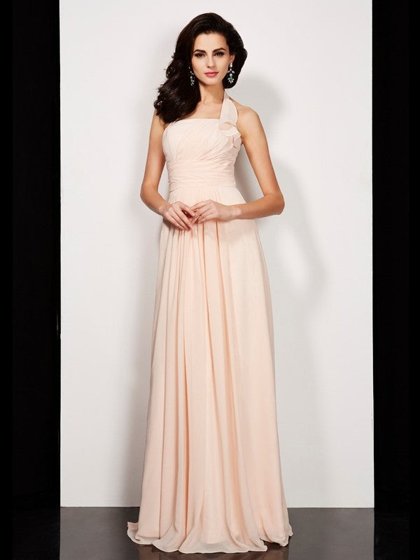 Blushing Pink Chiffon A-Line Halter Neck Floor-Length Bridesmaid Dress for Wedding Guests