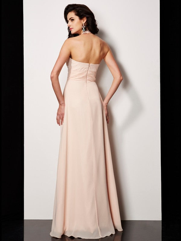 Blushing Pink Chiffon A-Line Halter Neck Floor-Length Bridesmaid Dress for Wedding Guests