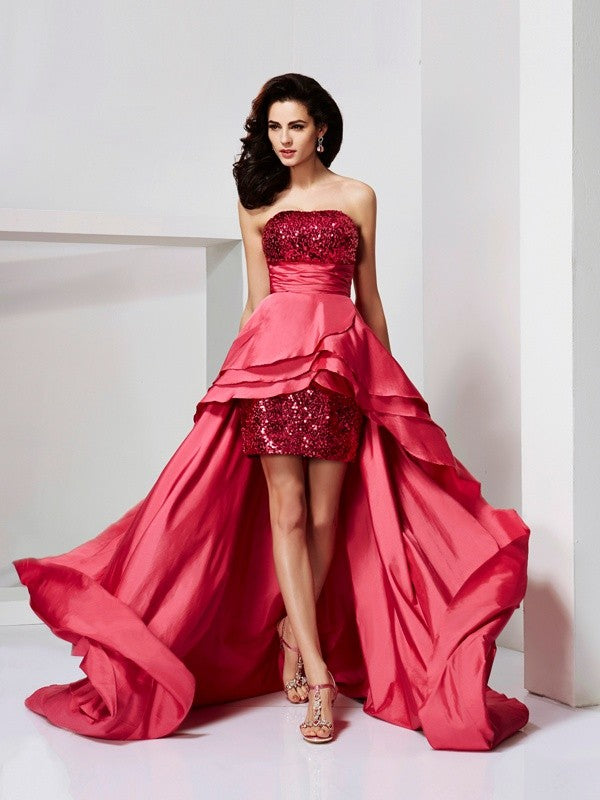 Red Sequin Satin A-Line Asymmetrical Evening Dress with High-Low Ruffled Skirt