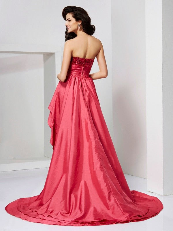 Red Sequin Satin A-Line Asymmetrical Evening Dress with High-Low Ruffled Skirt