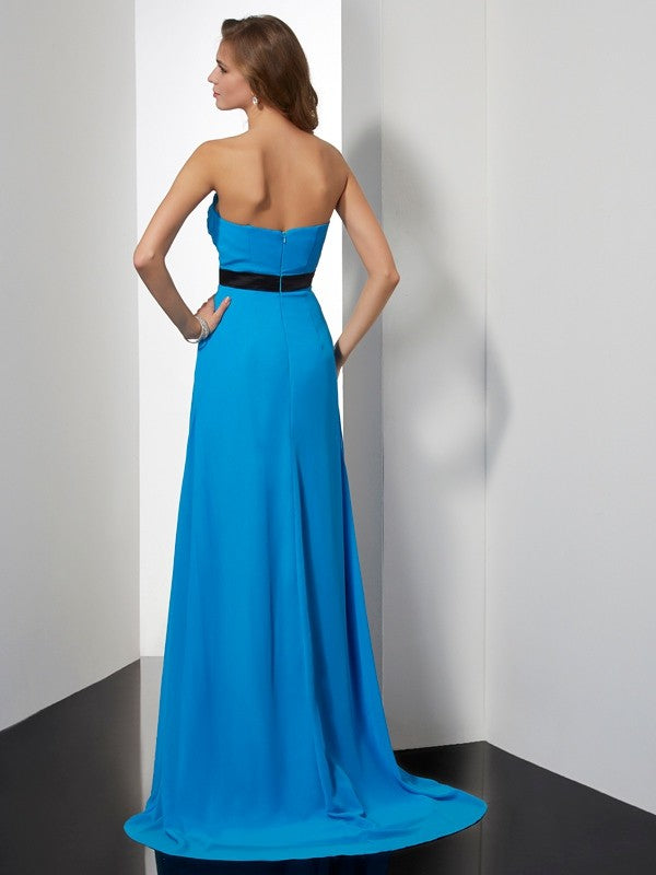 Vestidos largos de gasa con corte A/princesa, escote corazón, sin mangas, con faja/cinturón