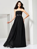Black Chiffon A-Line Straight Neck Floor-Length Dress with Ruched Bodice and Decorative Waistband