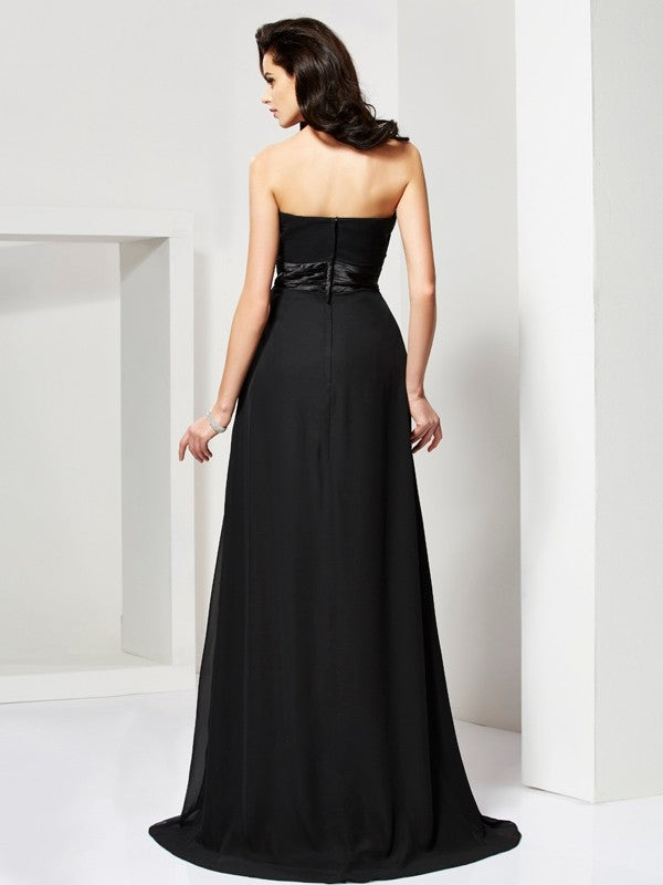 Black Chiffon A-Line Straight Neck Floor-Length Dress with Ruched Bodice and Decorative Waistband