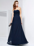 Dark Navy Chiffon A-Line Floor-Length Dress with Sweetheart Neckline, Ruched Bodice & Fabric Flower Detail