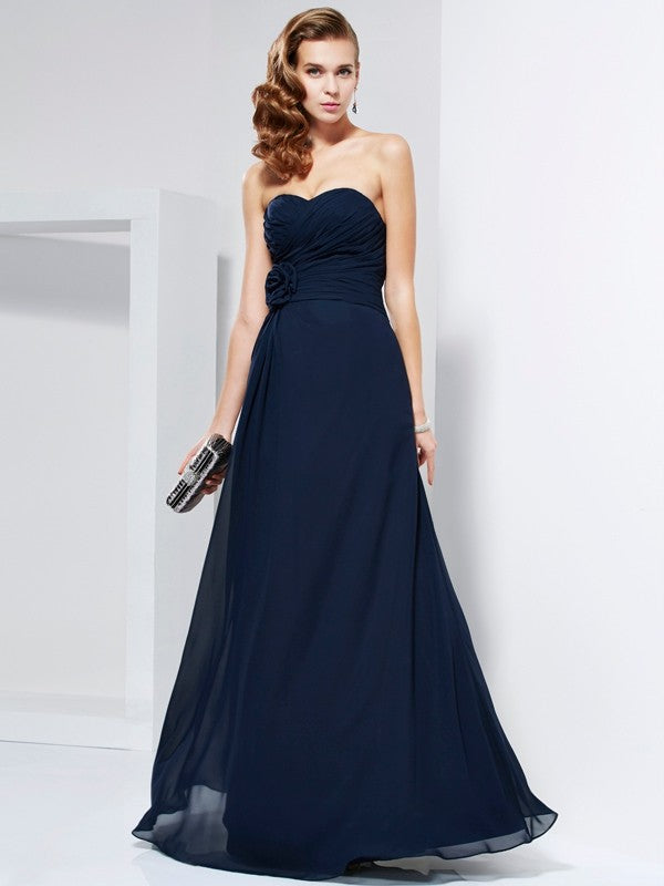 Dark Navy Chiffon A-Line Floor-Length Dress with Sweetheart Neckline, Ruched Bodice & Fabric Flower Detail