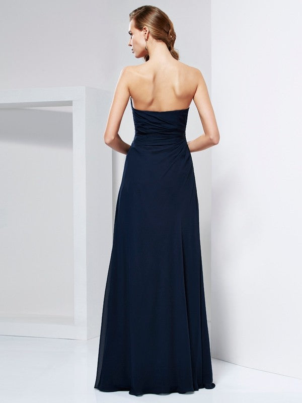 Dark Navy Chiffon A-Line Floor-Length Dress with Sweetheart Neckline, Ruched Bodice & Fabric Flower Detail