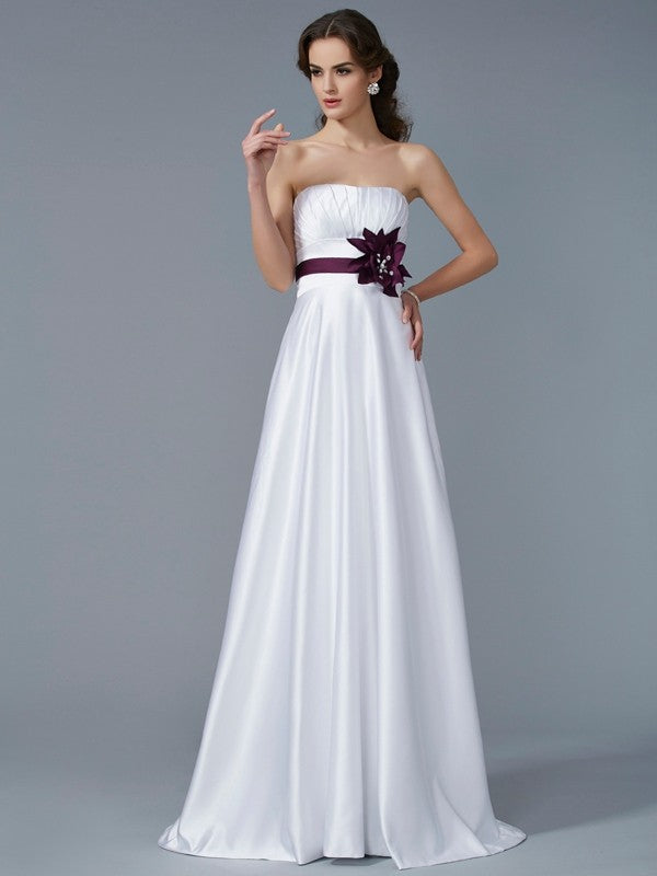 White Satin A-Line Floor-Length Bridesmaid Dress with Pleated Bodice & Floral Waist
