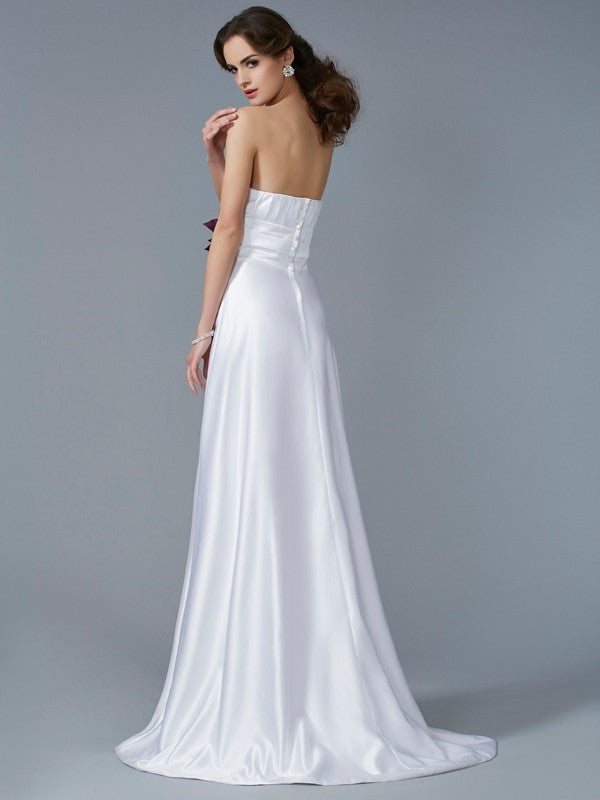 White Satin A-Line Floor-Length Bridesmaid Dress with Pleated Bodice & Floral Waist
