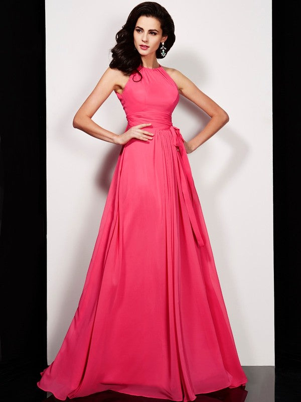 Pink Chiffon A-Line Floor-Length Bridesmaid Dress with Ruched bodice and Halter neckline