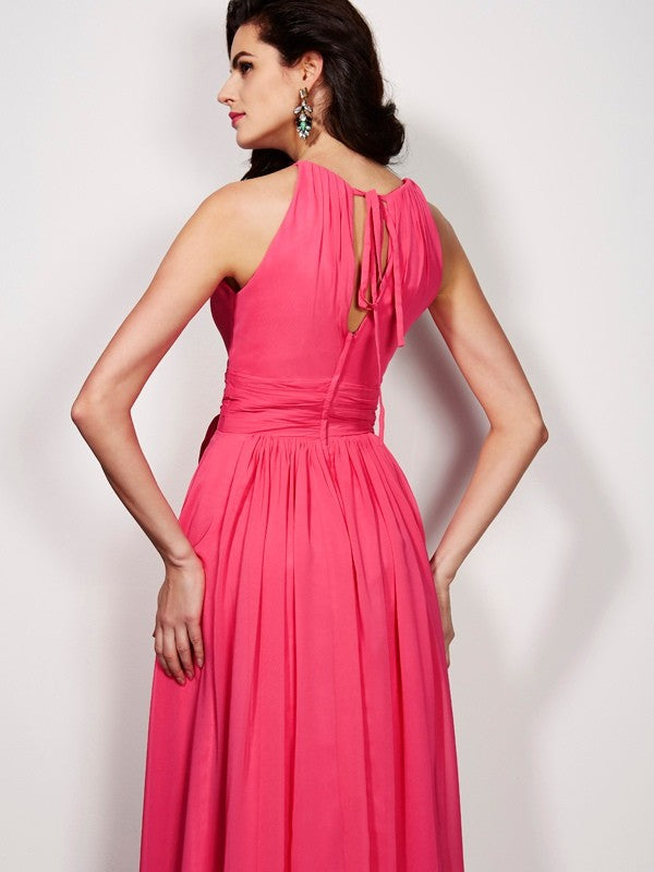 Pink Chiffon A-Line Floor-Length Bridesmaid Dress with Ruched bodice and Halter neckline