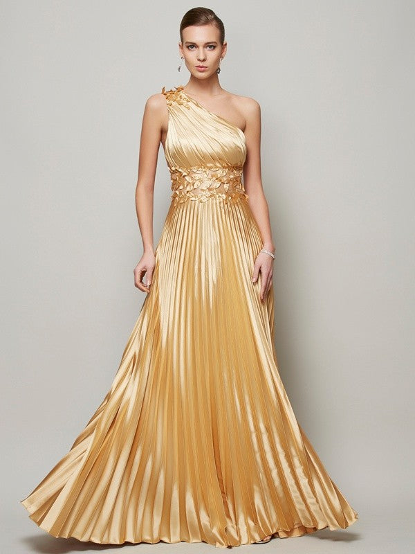 Gold Satin A-Line Floor-Length Dress with One Shoulder & Floral Waist