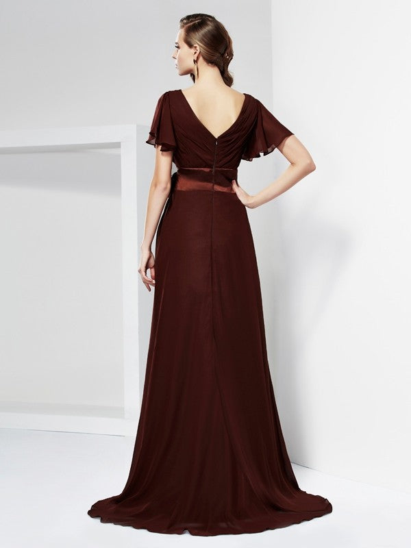 Vestidos largos de gasa para madre de la novia, corte A/princesa, escote en V, mangas cortas, faja/cinta/cinturón