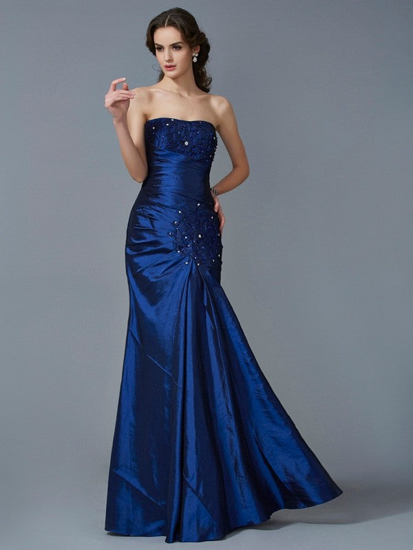 Vestidos largos de tafetán con apliques, sin mangas y sin tirantes, de corte trompeta/sirena