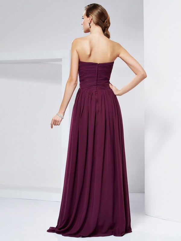 Burgundy Chiffon A-Line Floor-Length Dress with Ruched Bodice, Floral Appliques & Sweetheart Neckline