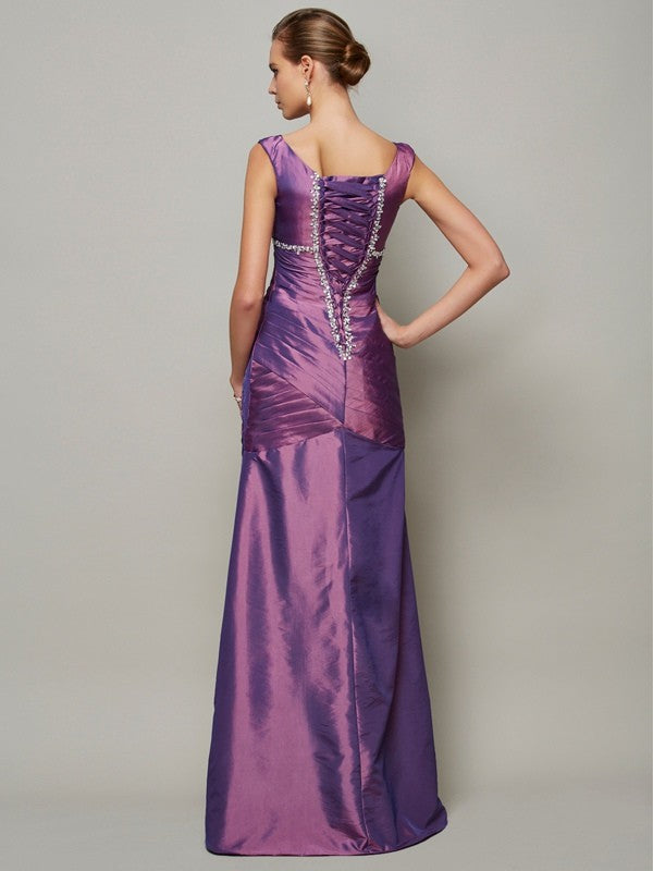 Sheath/Column V-neck Sleeveless Beading Long Taffeta Dresses