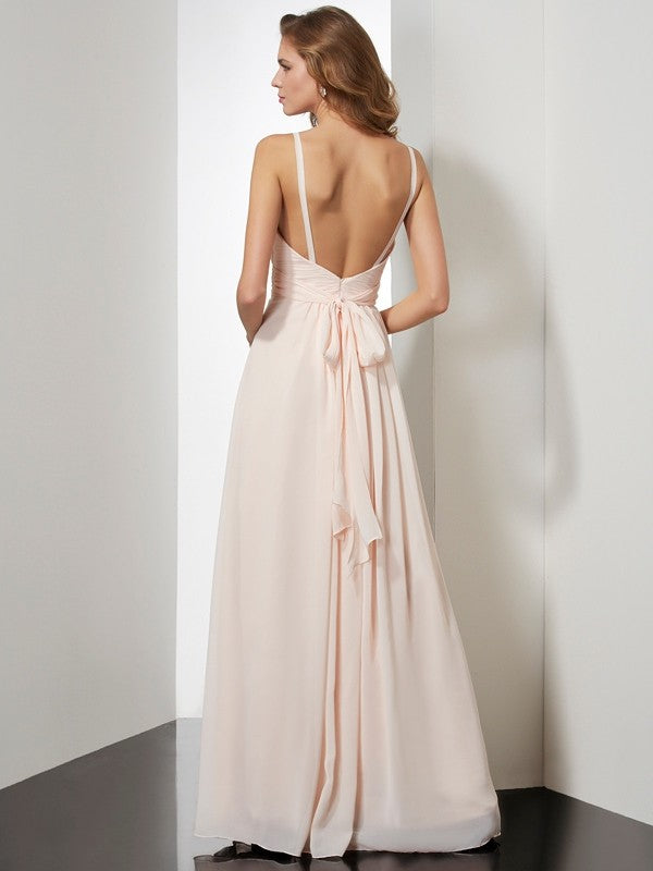 Sheath/Column Spaghetti Straps Sleeveless Ruffles Long Chiffon Dresses
