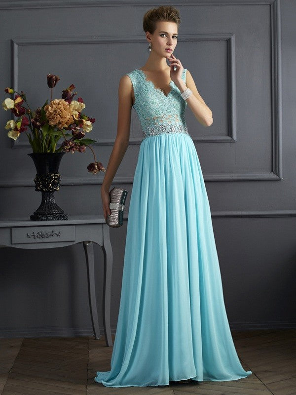 Sky Blue Lace & Chiffon V-Neck A-Line Floor-Length Bridesmaid Dress