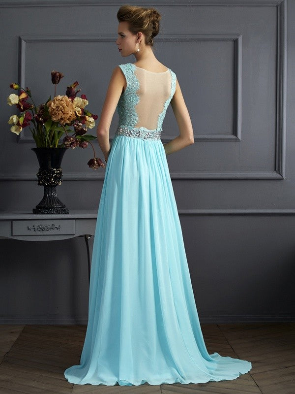 Sky Blue Lace & Chiffon V-Neck A-Line Floor-Length Bridesmaid Dress