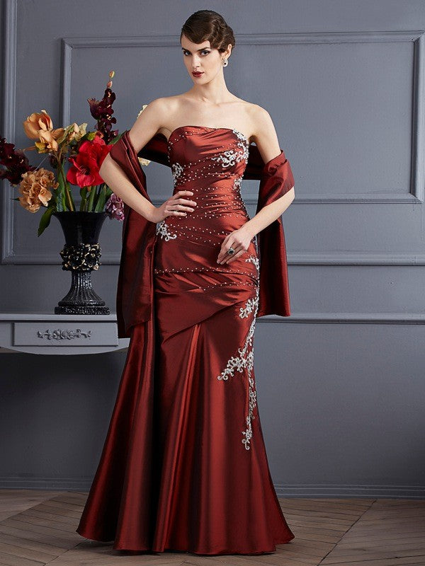 Burgundy Satin A-Line Floor-Length Dress with Embroidered Bodice - Jimiss