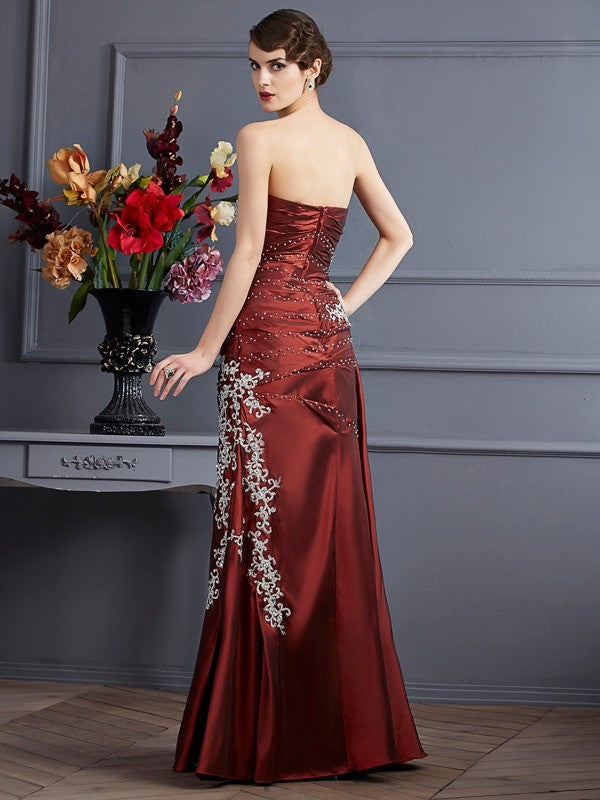 Burgundy Satin A-Line Floor-Length Dress with Embroidered Bodice - Jimiss