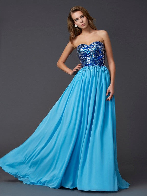 Vestidos largos de gasa con lentejuelas, sin mangas, corte A/princesa, escote corazón