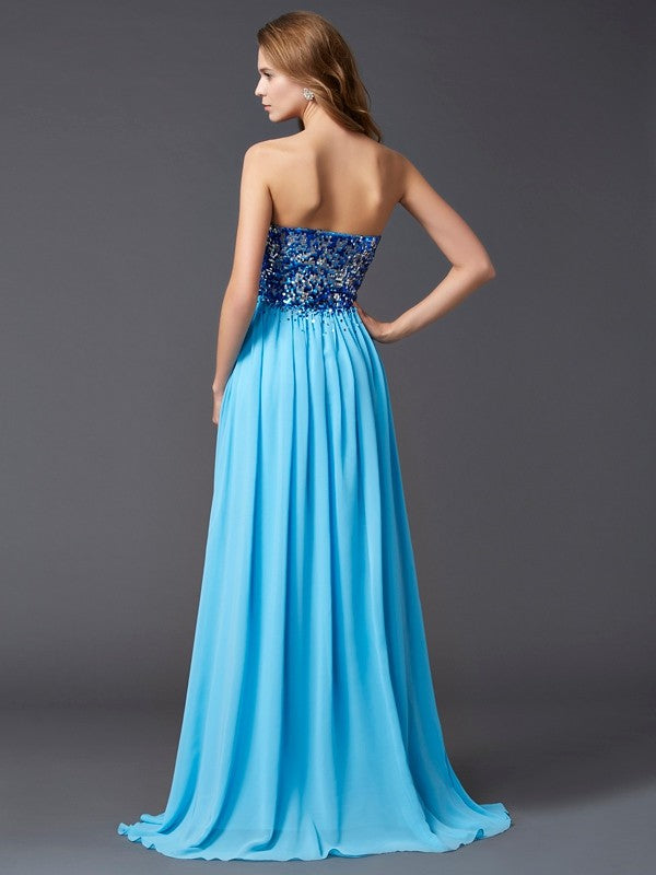 Vestidos largos de gasa con lentejuelas, sin mangas, corte A/princesa, escote corazón