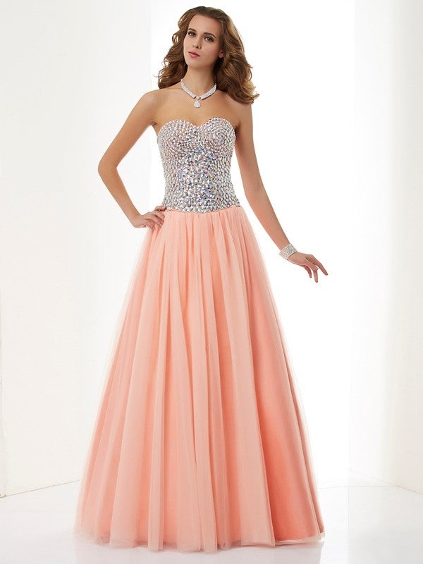 Blushing Pink Tulle A-Line Sweetheart Floor-Length Evening Dress with Sequin Bodice
