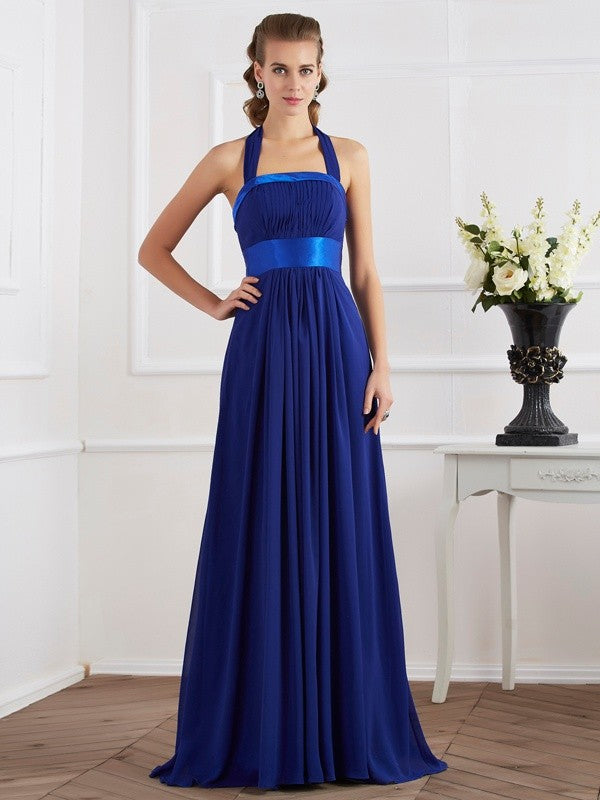 Royal Blue Pleated Chiffon Halter A-Line Floor-Length Bridesmaid Dress