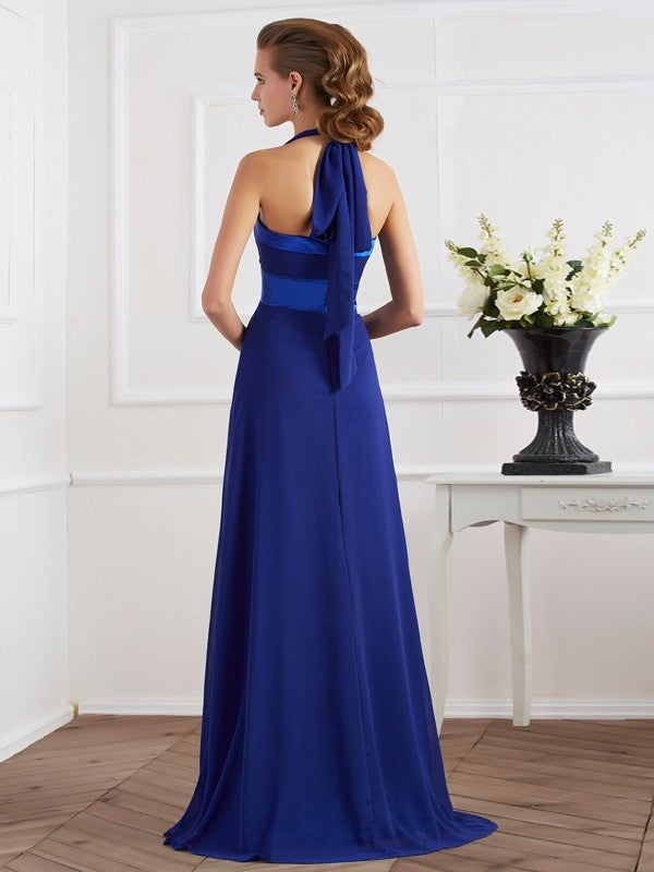 Royal Blue Pleated Chiffon Halter A-Line Floor-Length Bridesmaid Dress