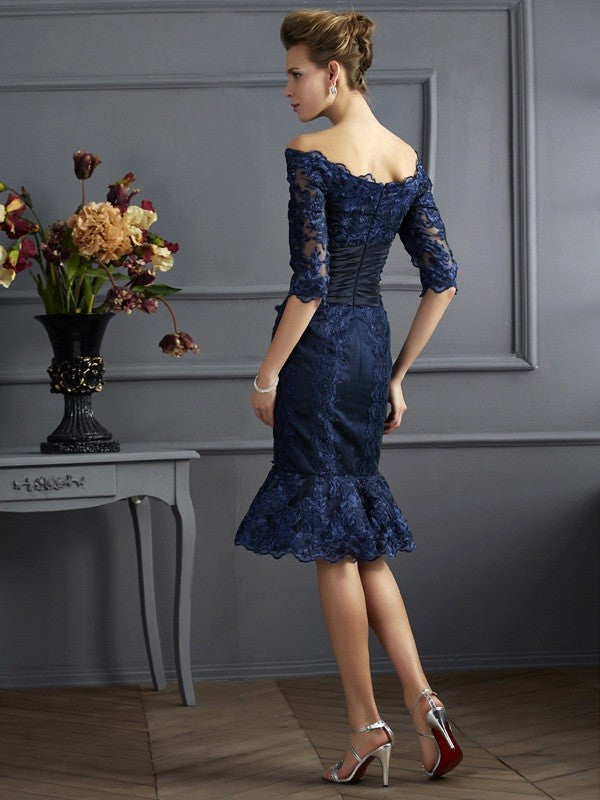 Vestidos cortos de tafetán para madre de la novia con mangas 3/4 y hombros descubiertos con corte tubo/columna