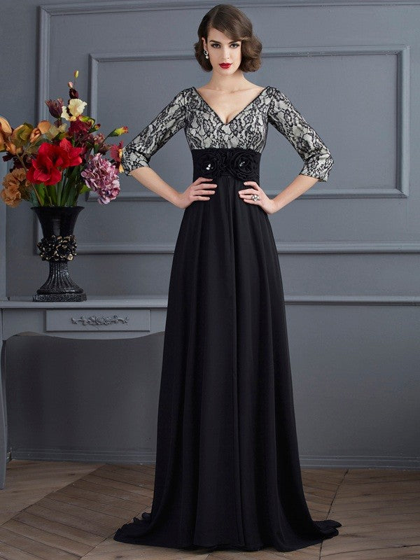 Black Lace Chiffon A-Line Floor-Length Dress with Lace bodice + Floral waist appliques