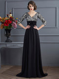 Black Lace Chiffon A-Line Floor-Length Dress with Lace bodice + Floral waist appliques