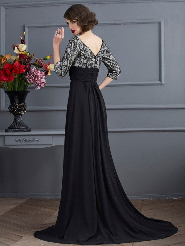 Black Lace Chiffon A-Line Floor-Length Dress with Lace bodice + Floral waist appliques