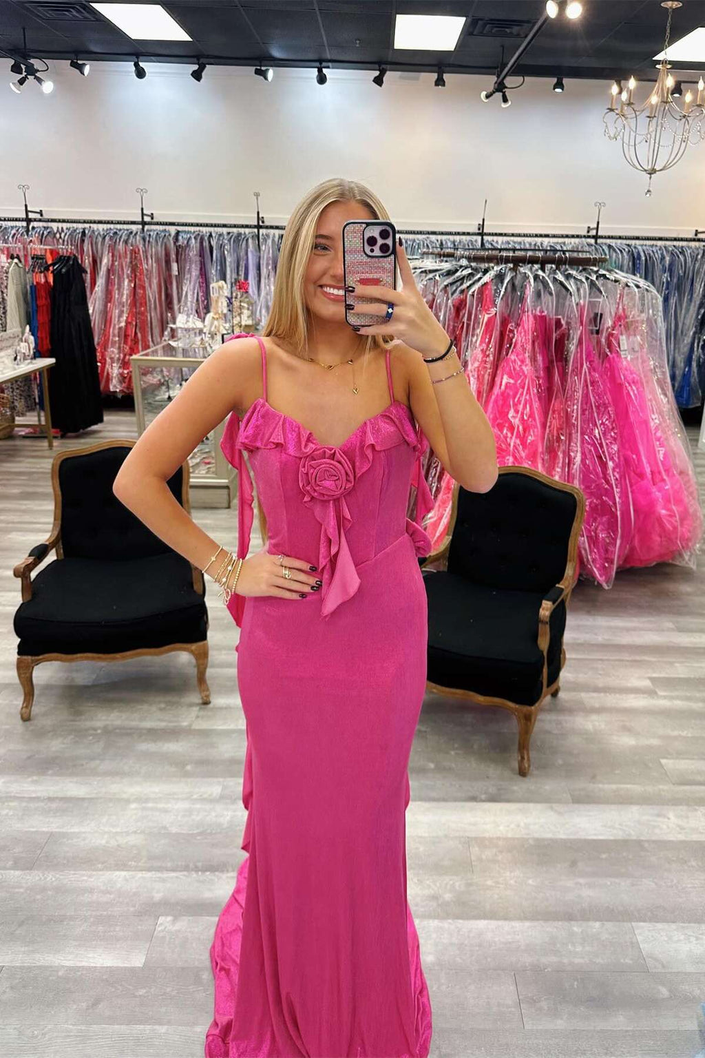 Stunning Mermaid Spaghetti 3D Floral Hot Pink Long Prom Dress