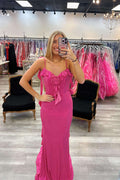 Stunning Mermaid Spaghetti 3D Floral Hot Pink Long Prom Dress
