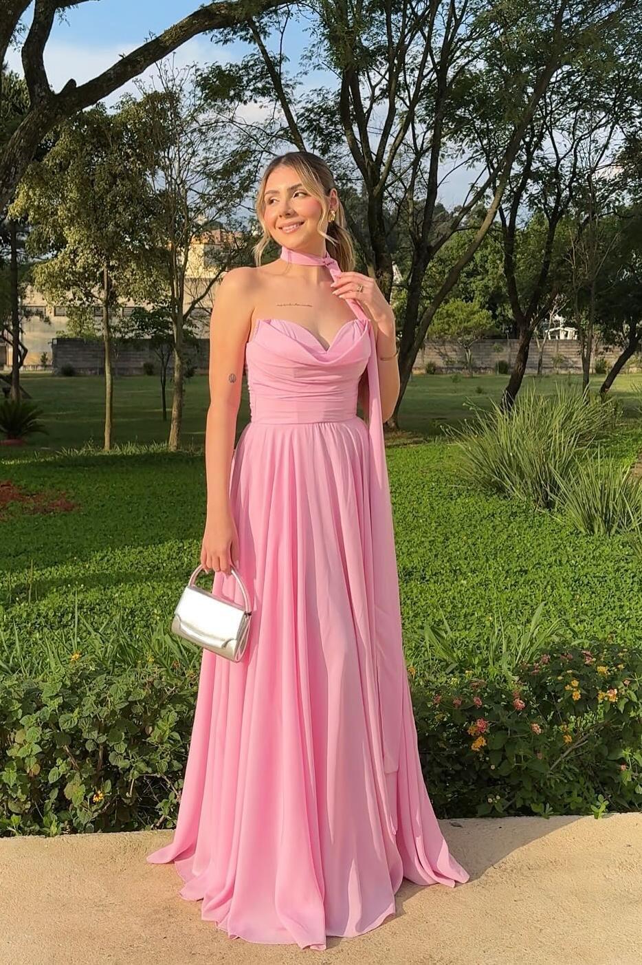 Elegant A-Line Cowl Strapless Flowy Pink Chiffon Long Prom Dress
