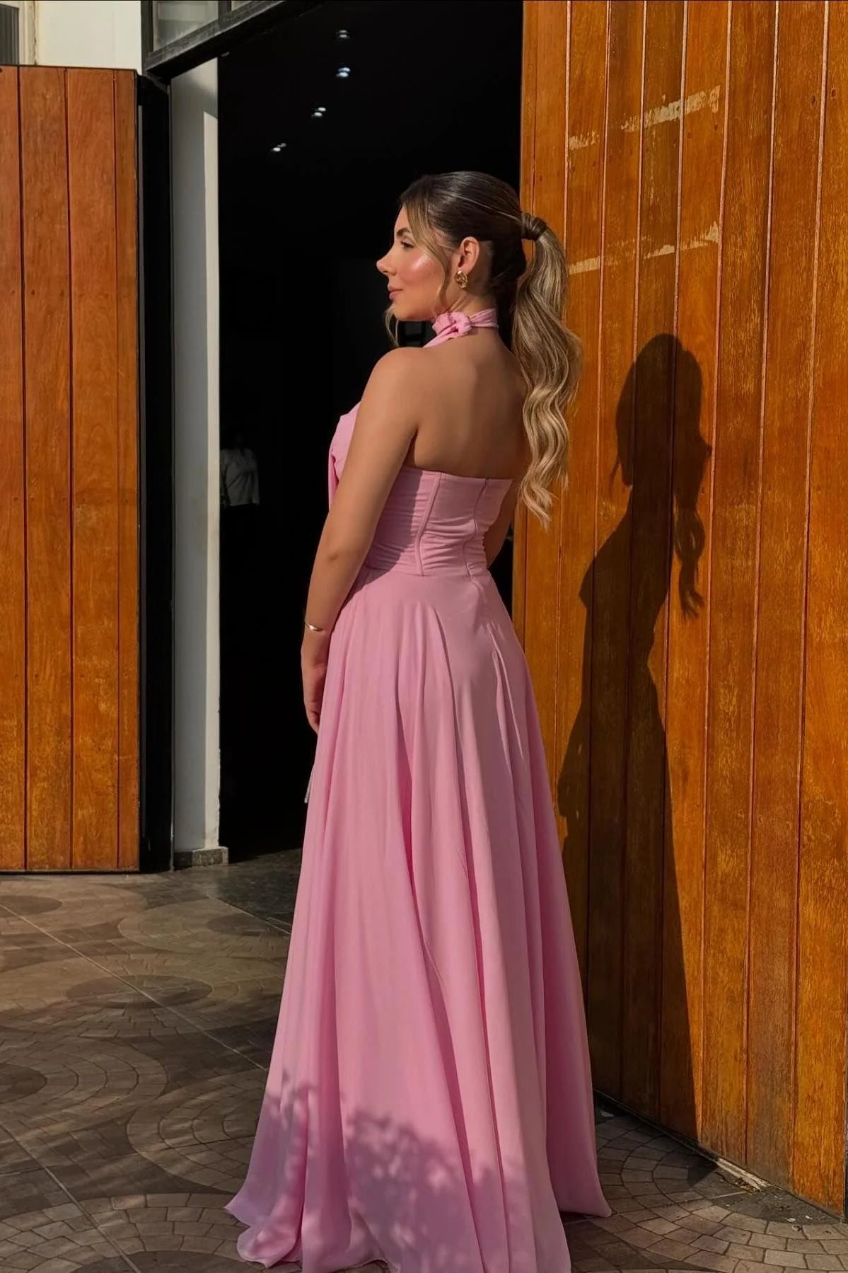 Elegant A-Line Cowl Strapless Flowy Pink Chiffon Long Prom Dress