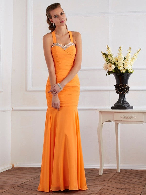Orange Chiffon Mermaid Halter Neckline Floor-Length Dress with Rhinestone Sweetheart