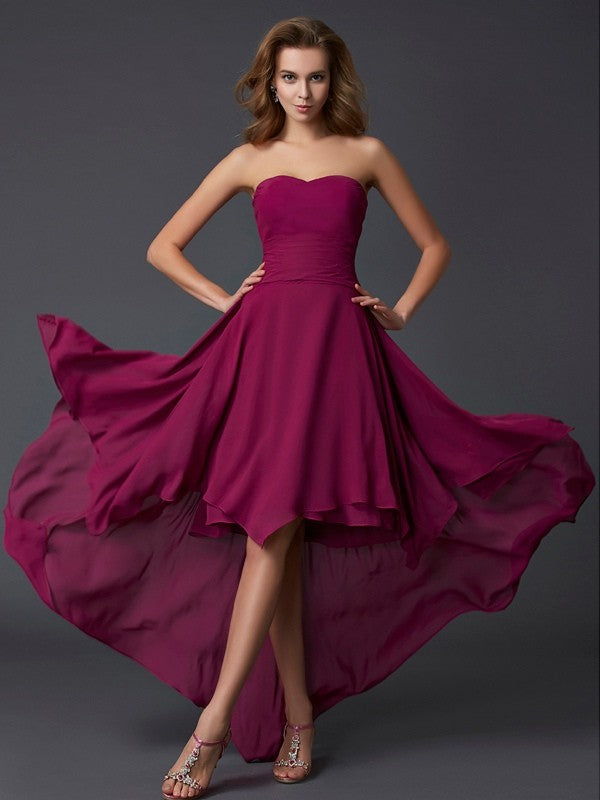 Burgundy Chiffon A-Line Bridesmaid Dress with Sweetheart Neckline & Asymmetrical Hem