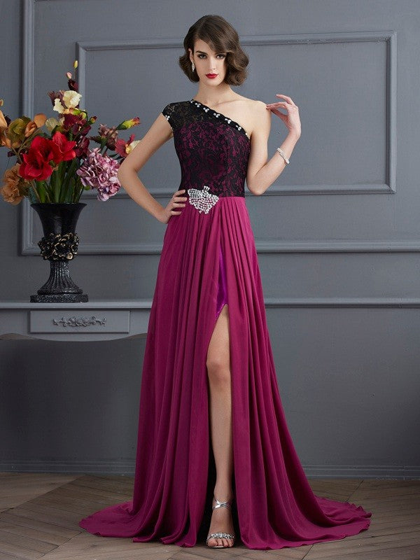 Burgundy One Shoulder A-Line Chiffon Floor-Length Evening Dress with High Slit