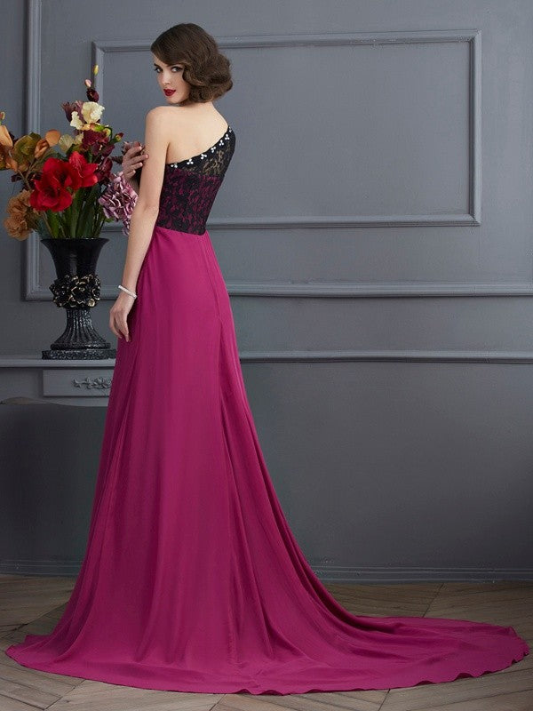 Burgundy One Shoulder A-Line Chiffon Floor-Length Evening Dress with High Slit