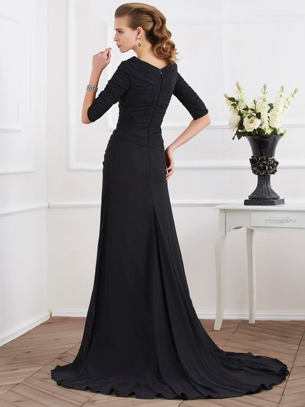 Black Chiffon A-Line Floor-Length Evening Gown with Ruched Bodice