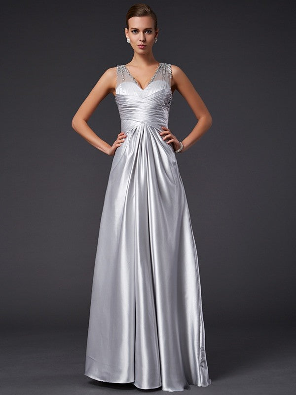 Silver Satin A-Line Floor-Length V-Neck Dress with Ruched Bodice