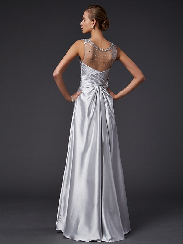 Silver Satin A-Line Floor-Length V-Neck Dress with Ruched Bodice