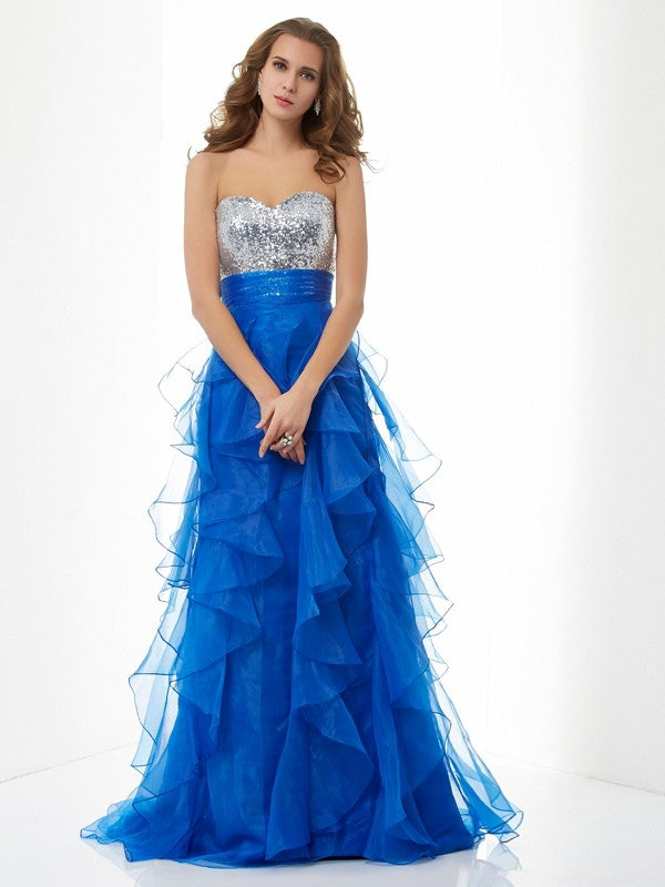 Royal Blue Sequin Sweetheart A-Line Floor-Length Gown with Tiered Ruffles