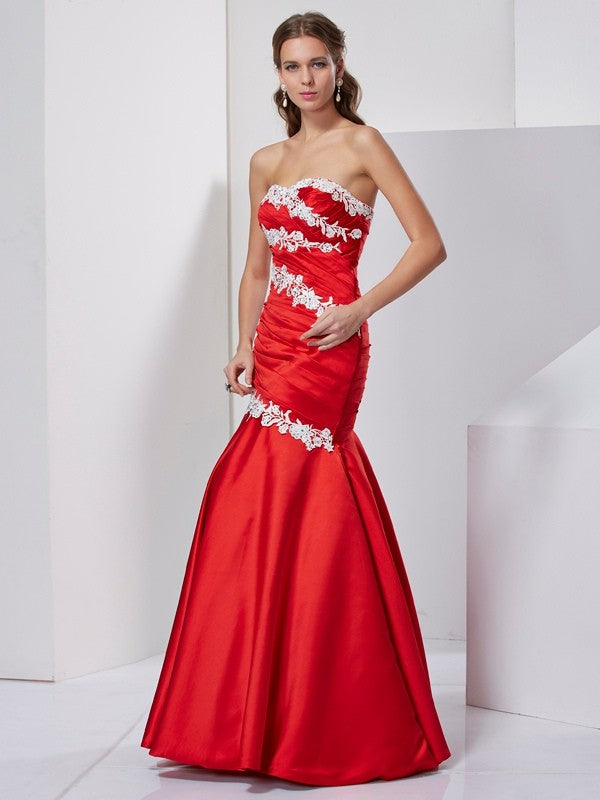 Vestidos largos de gasa con apliques, sin mangas y escote corazón, corte trompeta/sirena
