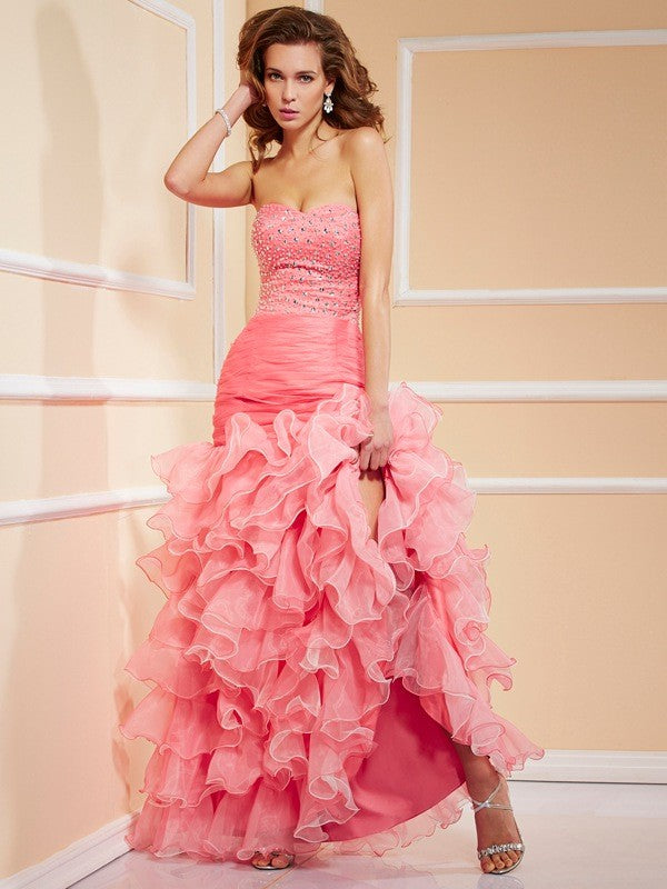 Coral Chiffon Mermaid Floor-Length Dress with Sweetheart Neckline and Beaded Bodice