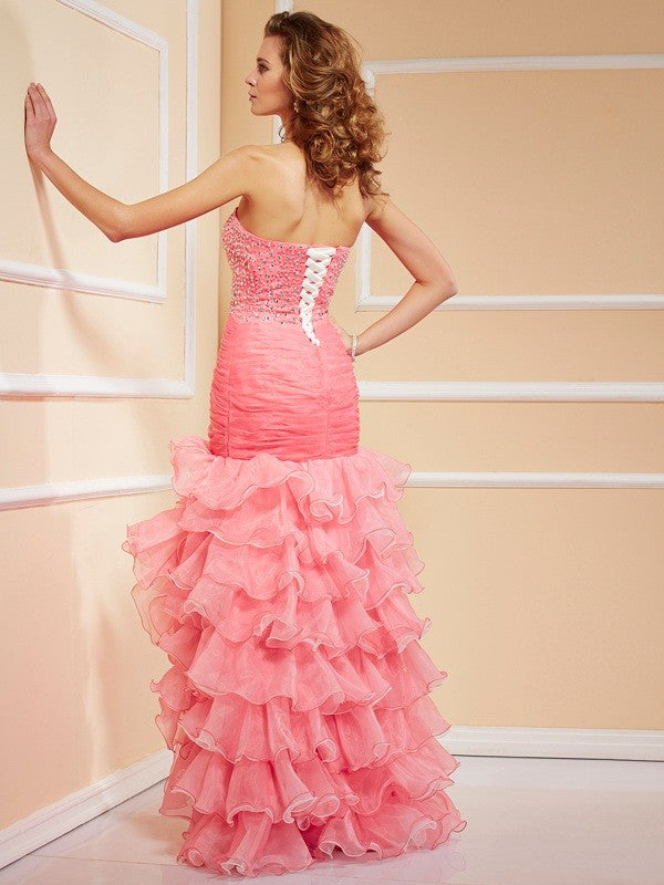 Coral Chiffon Mermaid Floor-Length Dress with Sweetheart Neckline and Beaded Bodice