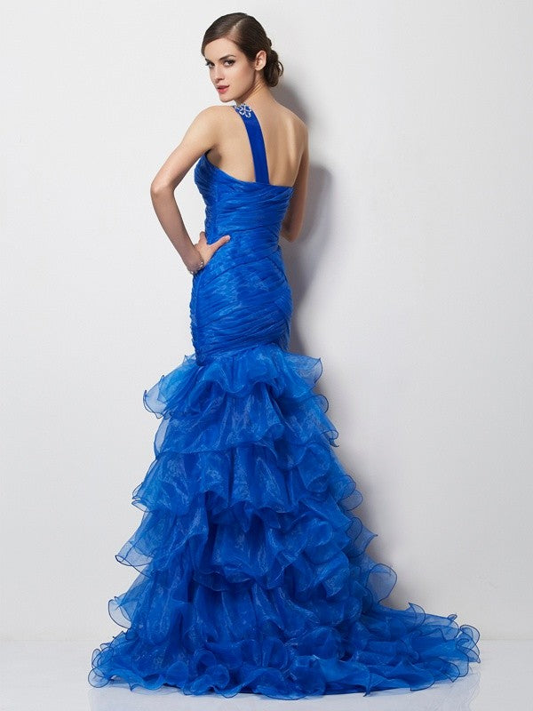 Trumpet/Mermaid One-Shoulder Sleeveless Pleats Long Tulle Dresses