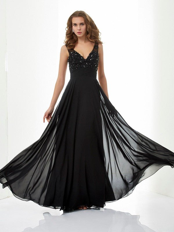 Black Chiffon A-Line Floor-Length with Sequined Bodice + Flowing Chiffon Skirt and V-Neck